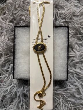 LV Gold-Tone & Black Logo Long Necklace